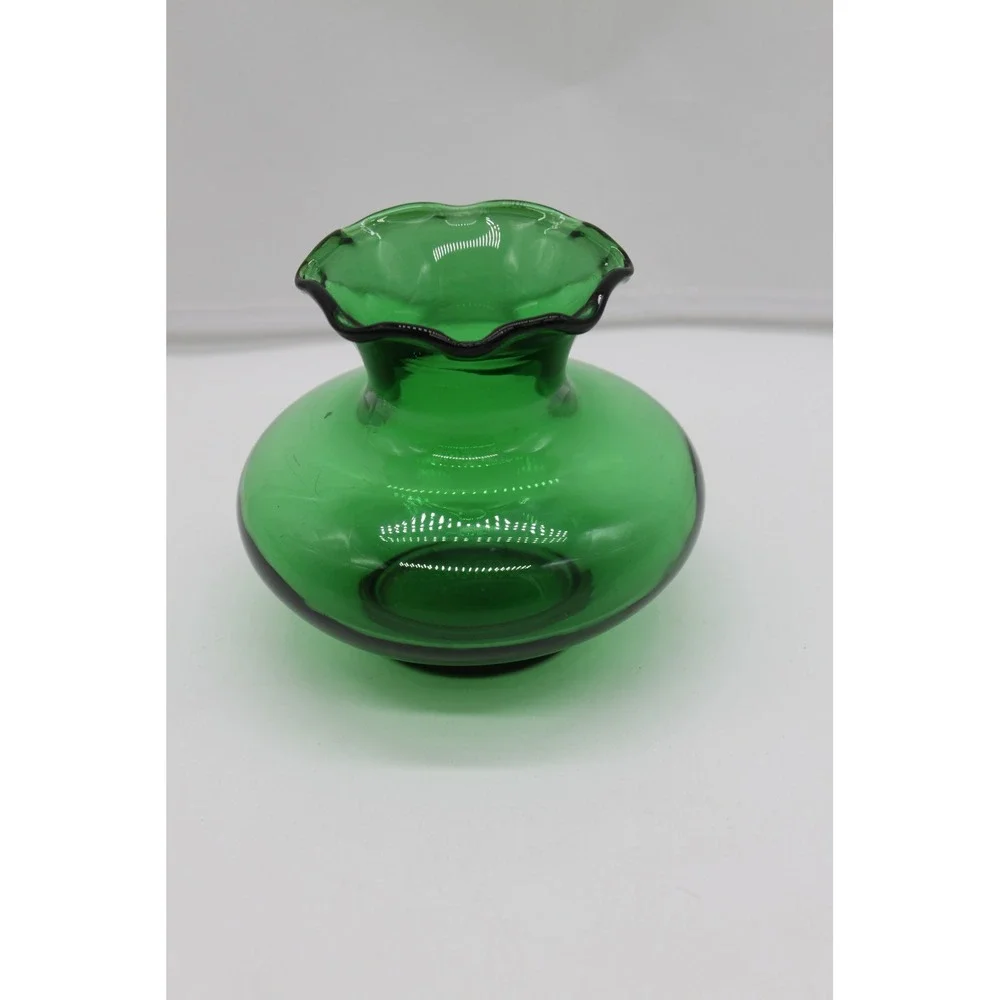 Vtg Collectible MCM Anchor Hocking Forest Green Glass Squat Bud Vase 3.5